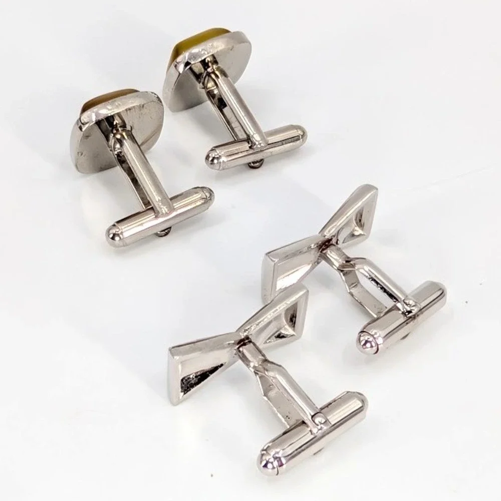 VTG Cufflink Lot Silver Tone Bow Tie and Amber Glass Set of 2 Pairs MCM Classic